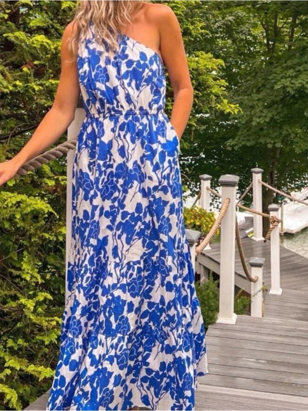 Blue and White One-Shoulder Floral Maxi Dress